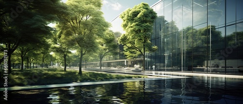Green oasis in the city. Modern office building with lush trees in the foreground.
