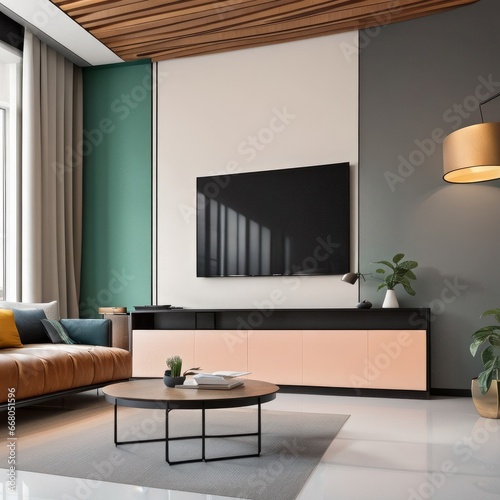 Two tone color wall background Modern living room decor with a tv cabinet  Generative AI