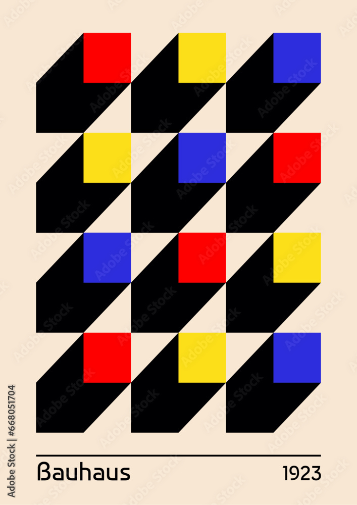 Vector de cartel Bauhaus de cuadrados rojos, azules y amarillos de 1923 para portada, libro, web o imprimir.