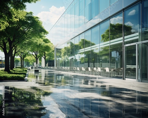 Green oasis in the city. Modern office building with lush trees in the foreground.