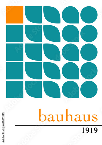 vector de cartel bauhaus de 1919 de formas geométricas, cuadrado, semi circunferencias, circunferencias, de color verde y naranja. Cartel para imprimir o usar de portada, libro o web.