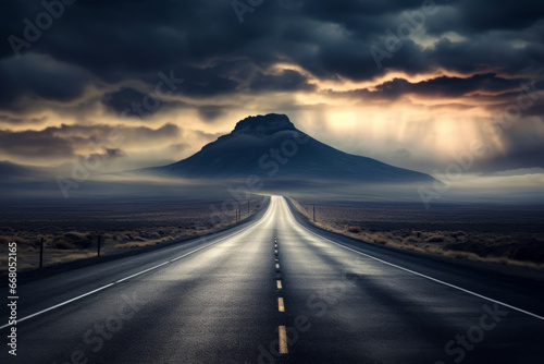 Long road with mountain in the background and clouds in the sky.