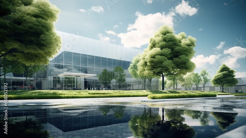 Green oasis in the city. Modern office building with lush trees in the foreground.
