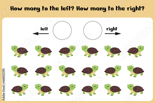 How many left and right turtles. Learning sheet for children to learn left and right. The score game. Kids counting game. Vector illustration