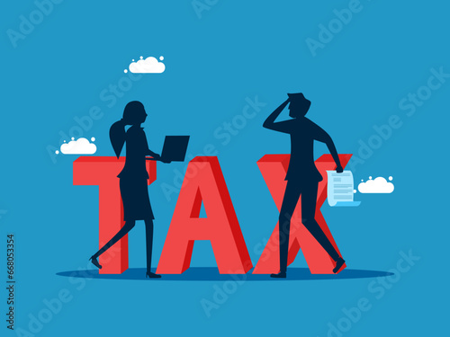 Notification of annual tax payment. Businessman holds payment bill. Vector illustration