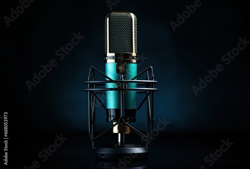 Home studio podcast interior. Microphone close-up.