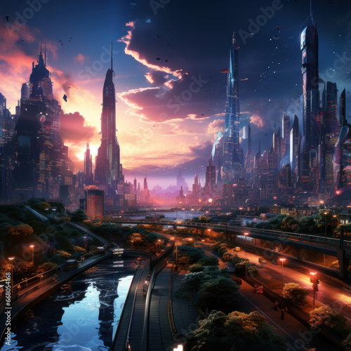 Cyberpunk mega-city skyline at dusk replete 