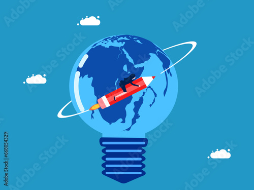 Knowledge around the world. Businesswoman rides a pencil rocket around the world in the shape of a lightbulb. Vector