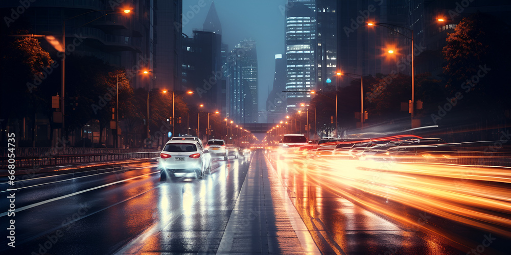  A Nighttime Journey Through Blurred City Streets Illuminated by Moving Car Lights generative AI