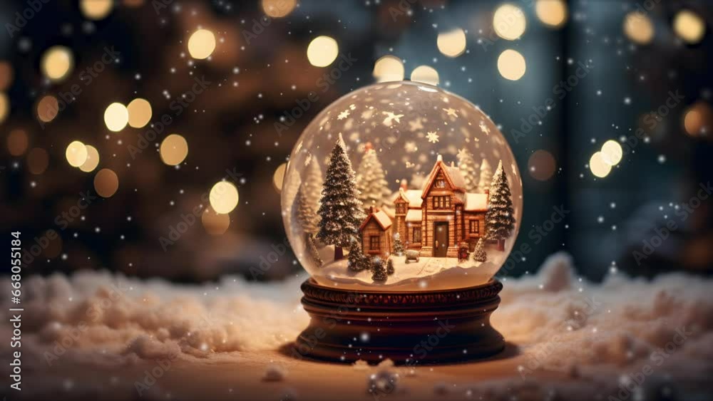 The snow globe with house model and christmas tree inside. Christmas themed background