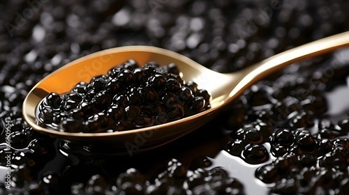 Metal spoon and black caviar, closeup