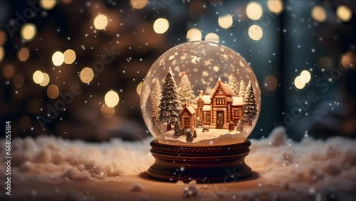 The snow globe with house model and christmas tree inside. Christmas themed background