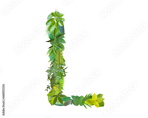 L shape made of various kinds of leaves isolated on transparent background, go green concept, PNG
