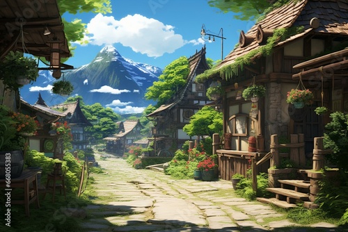 A digital art depicting a village inspired by anime. Generative AI