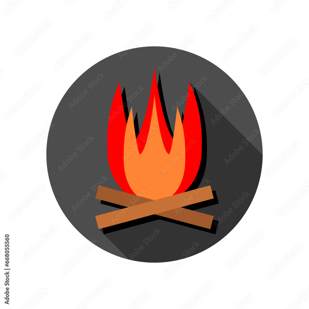 Wooden campfire burning in circle icon flat vector design Wooden campfire burning in circle icon flat vector design