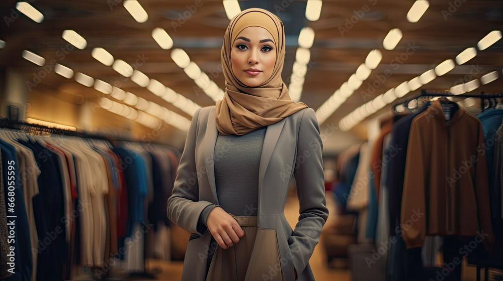 Portrait of attractive smiling Muslim Woman or fashion designer woman near rack with clothes hangers Portrait of attractive smiling Muslim Woman or fashion designer woman near rack with clothes hangers