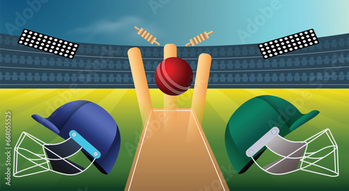 cricket league poster with wicket ball helmet on stadium vector photo