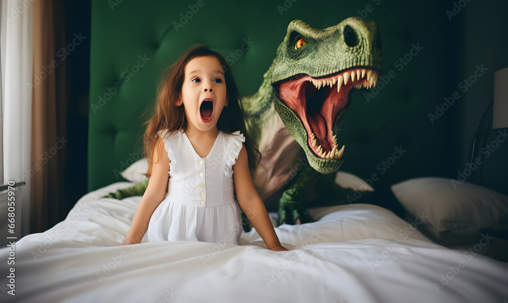 petite fille effrayée par un dinosaure dans son lit petite fille effrayée par un dinosaure dans son lit
