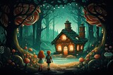 children stand in front of a gingerbread house in the forest illustration