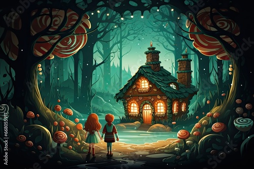 children stand in front of a gingerbread house in the forest illustration