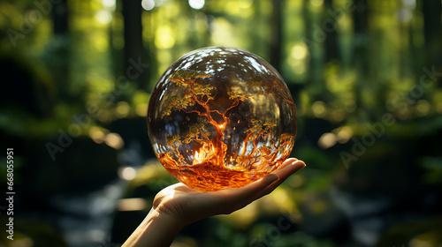 A flaming sphere in the hands of a human against the backdrop of a peaceful forest in sunlight