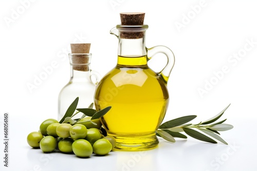 Olive branch and olive oil bottle isolated on white background