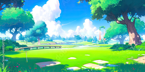Anime golf course golfing event beautiful background sport event, generated ai