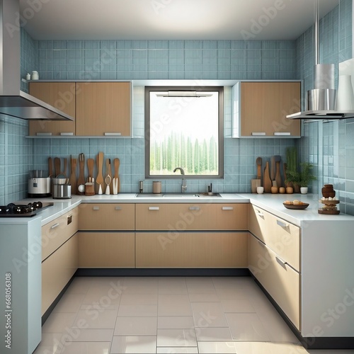 Modern kitchen interior with furniture,kitchen interior with tiles wall, Generative AI