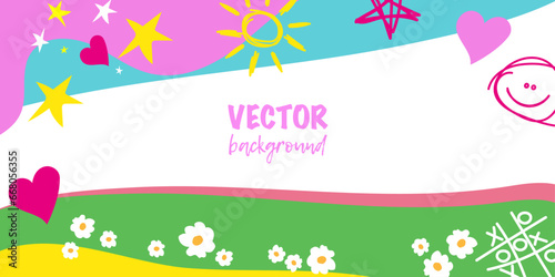 Fun colourful Creative minimalist style background for children trendy design with Hand Drawn Colourful Drawing for school, Preschool or Nursery. Simple childish scribble backdrop. Vector illustration