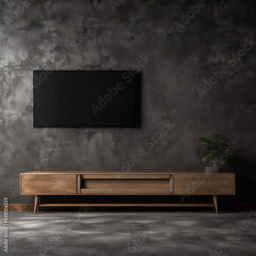 Cabinet for tv in living room interior wall mockup on dark concrete wall, Generative AI