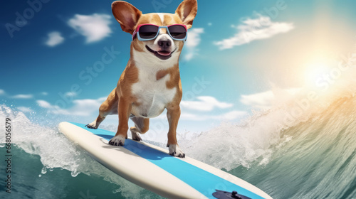 With a blue sky and white clouds, a happy dog wears sunglasses while surfing on a surfboard © ND STOCK