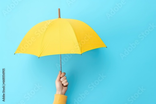 Hand Holding Yellow Umbrella On Blue Background