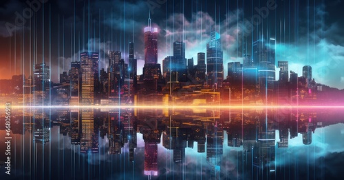 digital city skyline with firewall barriers, emphasizing urban cybersecurity measures photo