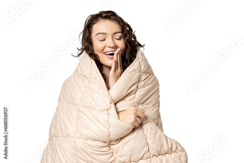 PNG girl in bed isolated on white background.