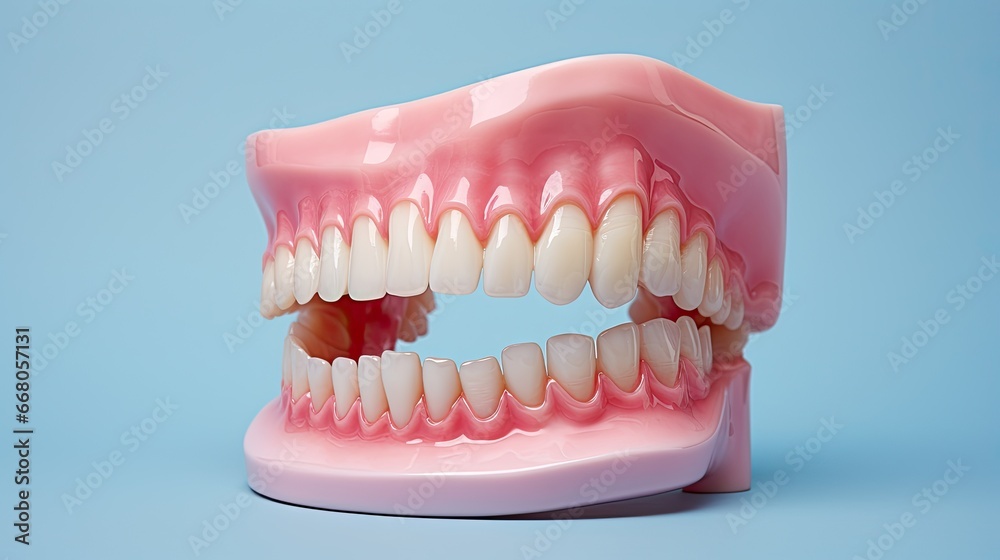 An image of a detailed plastic model of teeth, gums and jaw. An image of a detailed plastic model of teeth, gums and jaw.