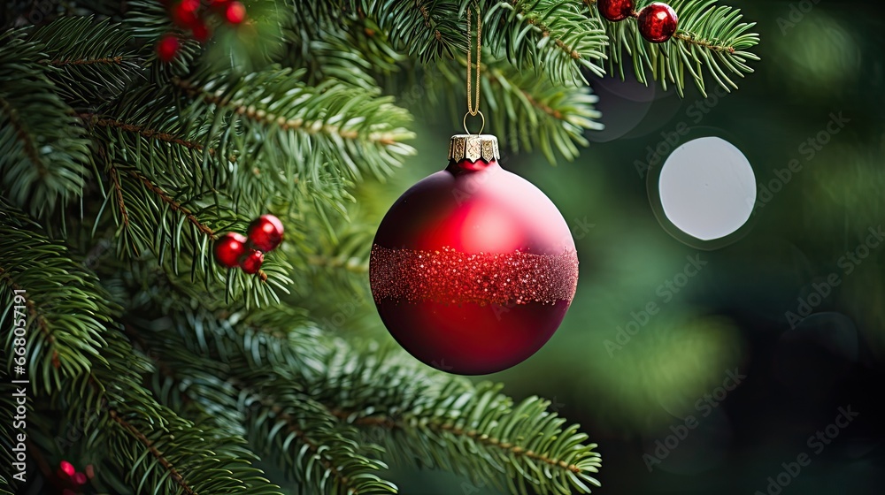 Image of a big red Christmas ball hanging among fresh fir branches.
