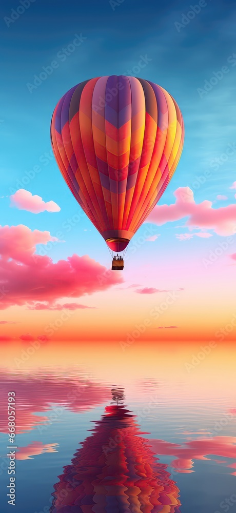 Fototapeta premium Hot Air Balloon Floating Through Vibrant Sunset Sky