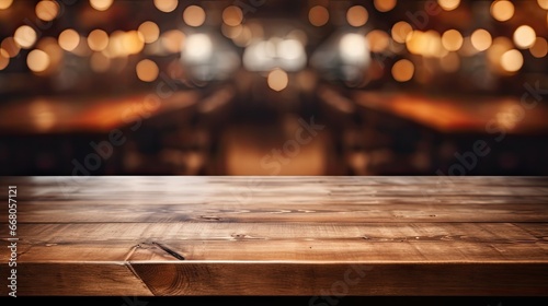 An image of an empty wooden tabletop with a beautifully blurred background.