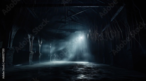 An image of a spider's web against the backdrop of a dimly lit room.