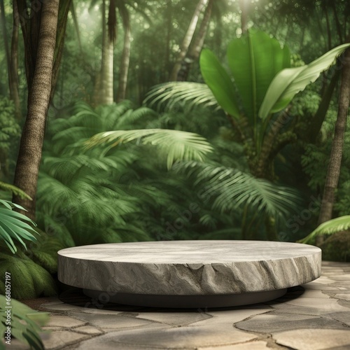 Stone platform pedestal in tropical forest for product presentation, Generative AI