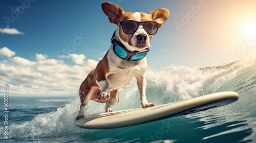 With a blue sky and white clouds, a happy dog wears sunglasses while surfing on a surfboard