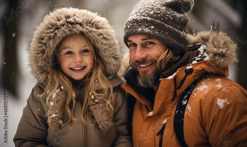 Happy father with his daughter enjoying walk in snow in winter clothes