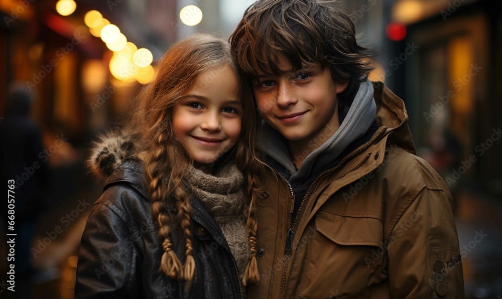 Cheerful, happy and smiling child couple in winter costume.