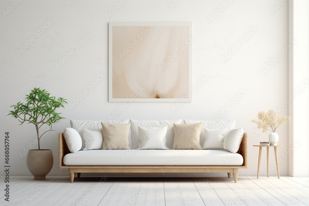 Fototapeta premium Beautiful bright living room interior with a comfortable white sofa and a large painting on the wall. Generated by artificial intelligence