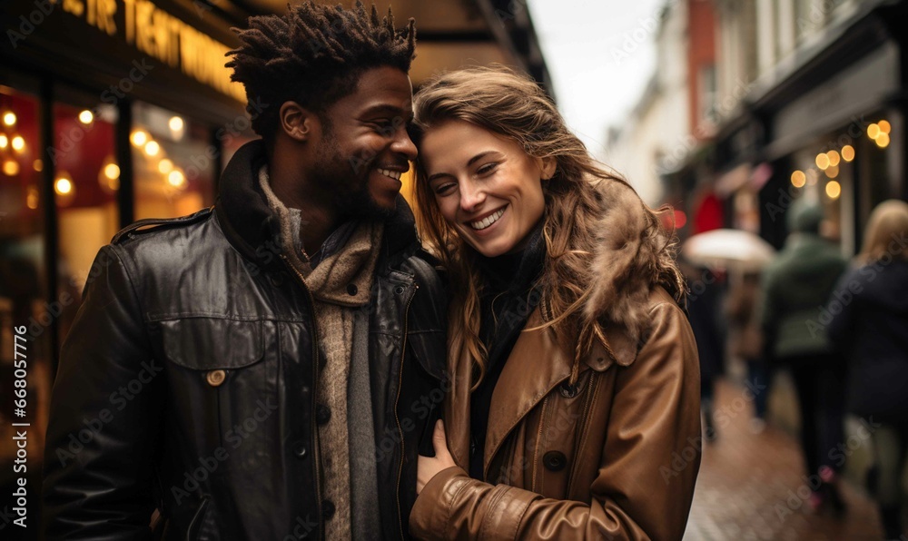 Cheerful multiracial couple hugging on City Street at night