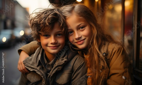 Cheerful, happy and smiling child couple in winter costume.