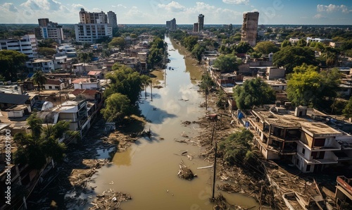 Aerial shot of city devastated by overflowing river water photo