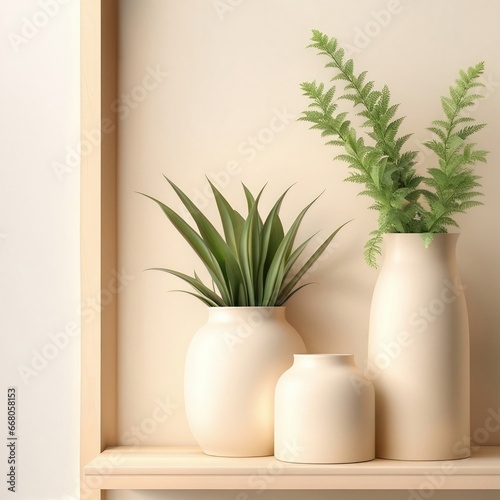 Cream color wall mock up with Vase and green plant on wooden shelf  Generative AI