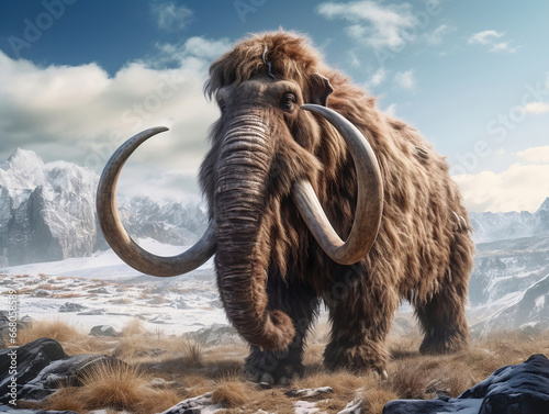 Woolly mammoth in a prehistoric winter landscape, generated by AI photo