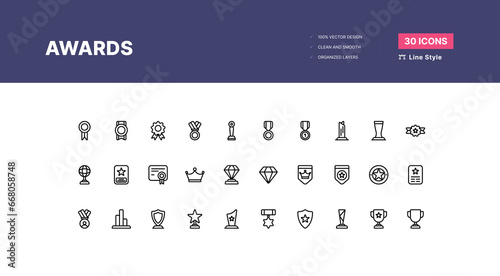 Reward and Badges Icons Pack. Set of premium award icons - Line Style